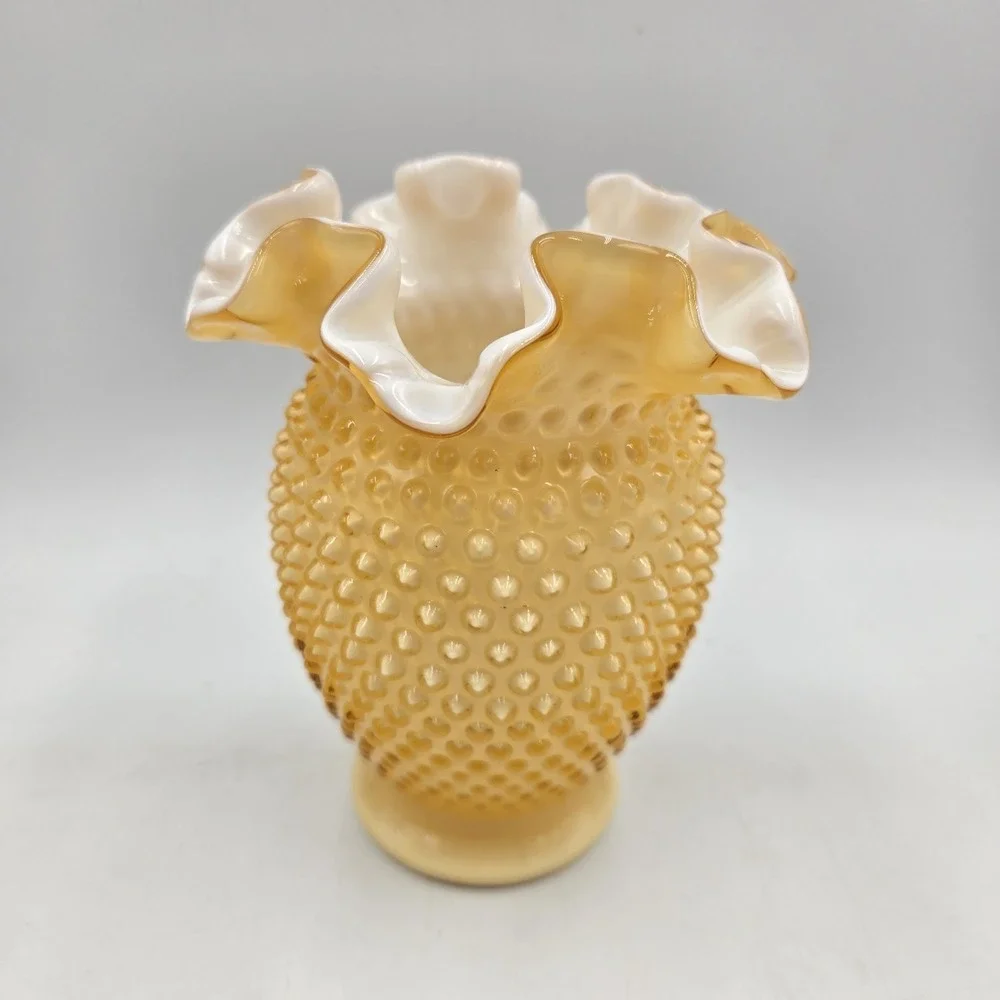 Stunning Vintage Fenton Ruffled Honey Amber Overlay English Hobnail Vase 6.25